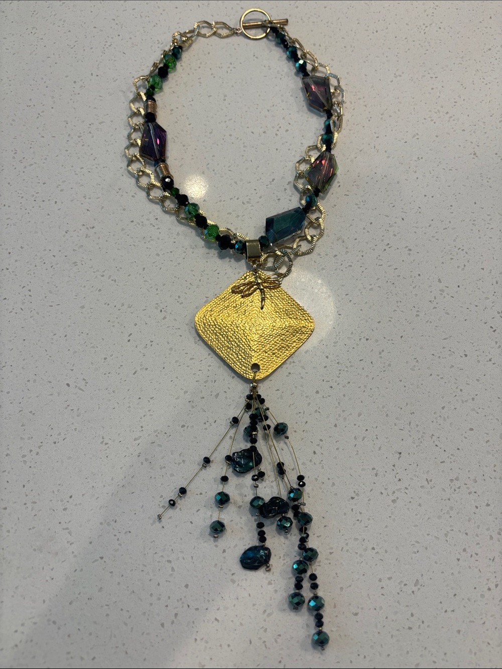 Artisan Boho Gold Tone Statement Necklace Teal Green Beaded Tassel Dragonfly